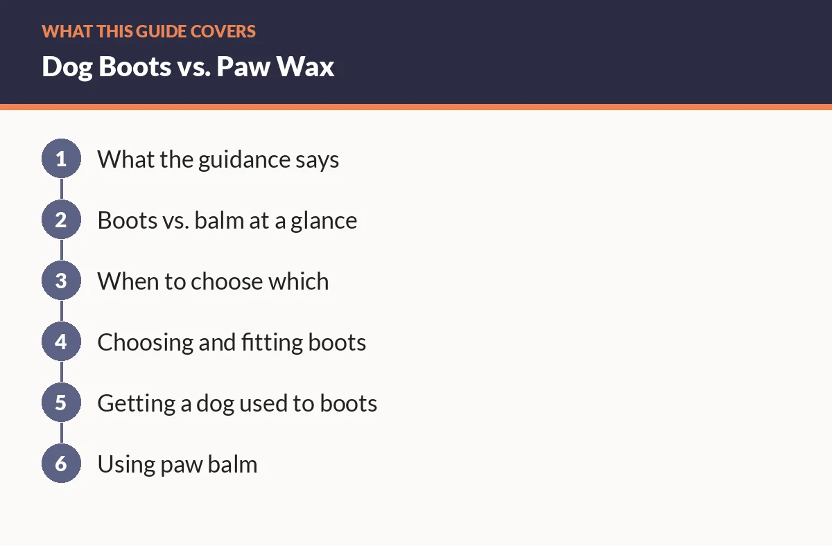 Diagram of the sections in this guide: What the guidance says; Boots vs. balm at a glance; When to choose which; Choosing and fitting boots; Getting a dog used to boots; Using paw balm