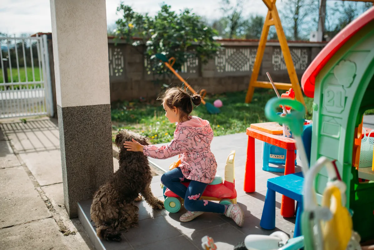 Child playing with a dog in a backyard